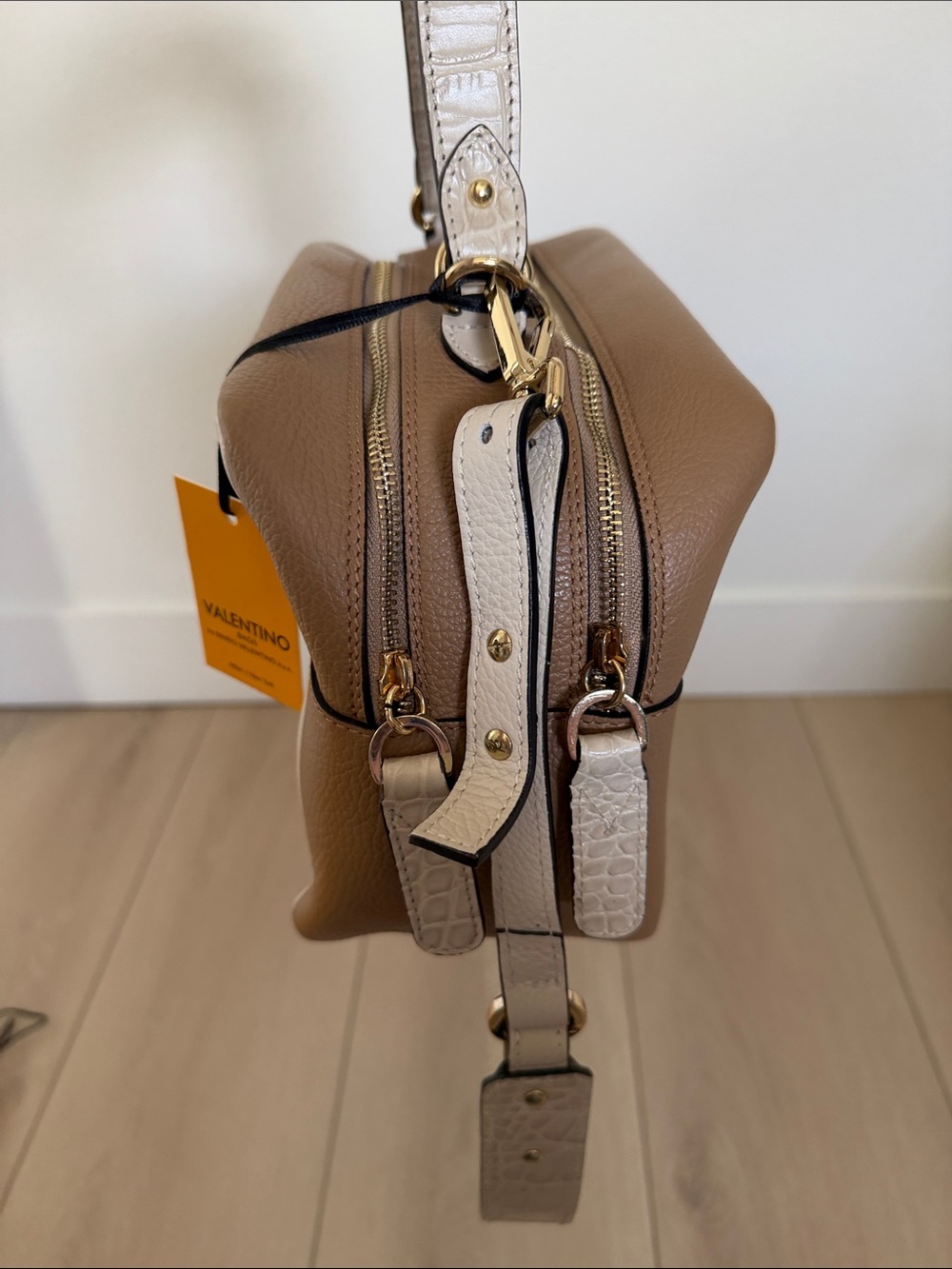 Valentino Cream and Brown Leather Crossbody with Embossed V Logo - Picture 9 of 16